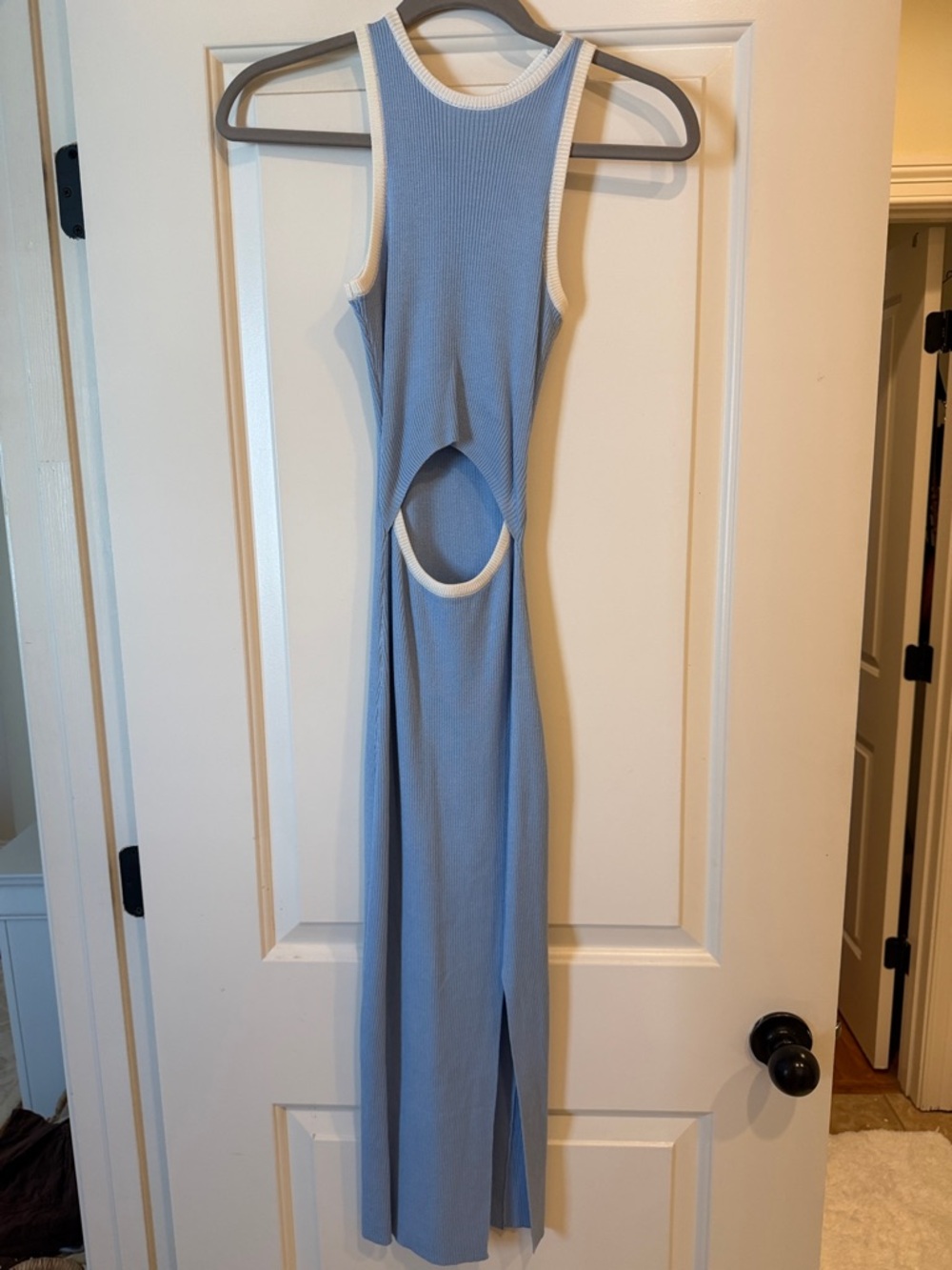 Women’s Light Blue Cutout Ribbed Maxi Dress with White Trim